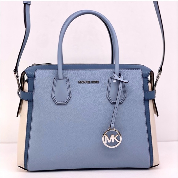 Michael Kors Mercer Medium Belted Satchel Crossbody Pale Blue Multi - Picture 4 of 12